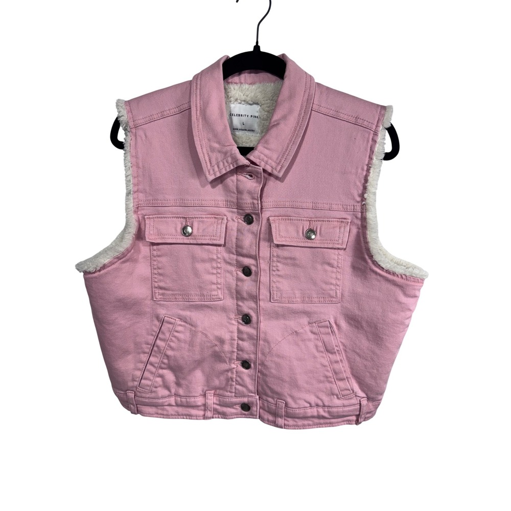 Celebrity Pink Sherpa Lined Pink Denim Vest Cropped Y2K Women's L